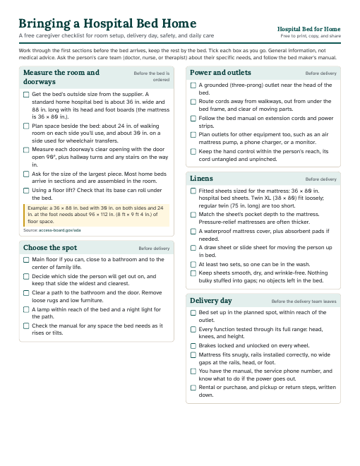 Preview of page 1 of the printable Bringing a Hospital Bed Home checklist
