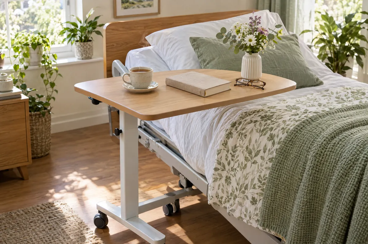 Overbed table on casters holding a cup of tea, a book, reading glasses and flowers beside a home hospital bed