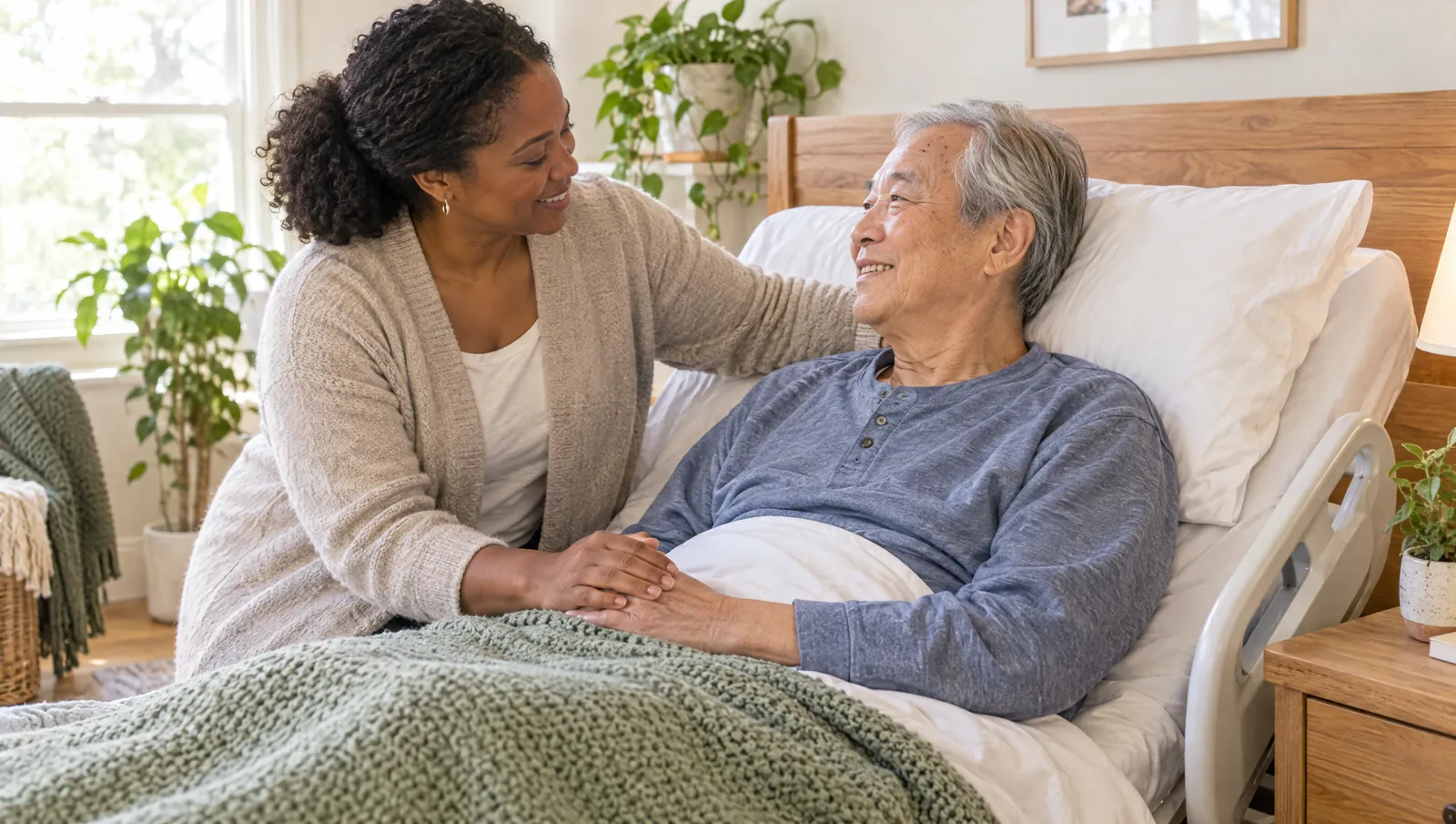 Smiling caregiver holding hands with an older man sitting up in a home hospital bed with a wooden headboard
