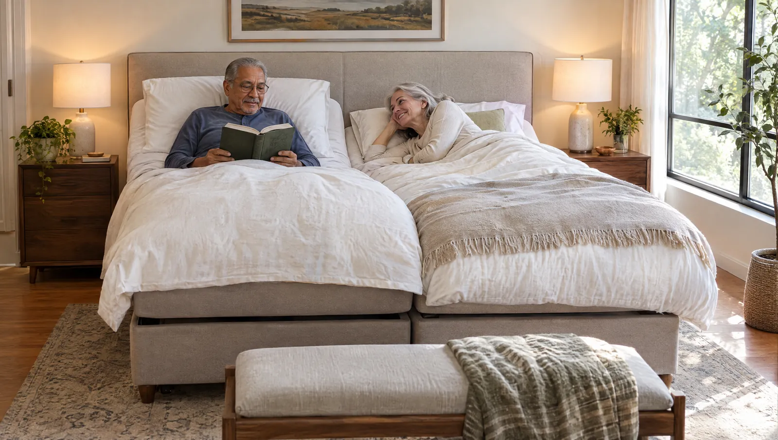 Older couple in two adjustable beds placed side by side under one upholstered headboard, one reading while sitting up and one lying down