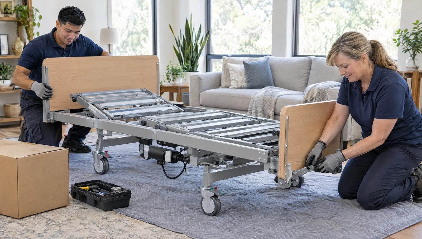 Two delivery technicians assembling a home hospital bed frame with wooden headboard and footboard in a bright living room