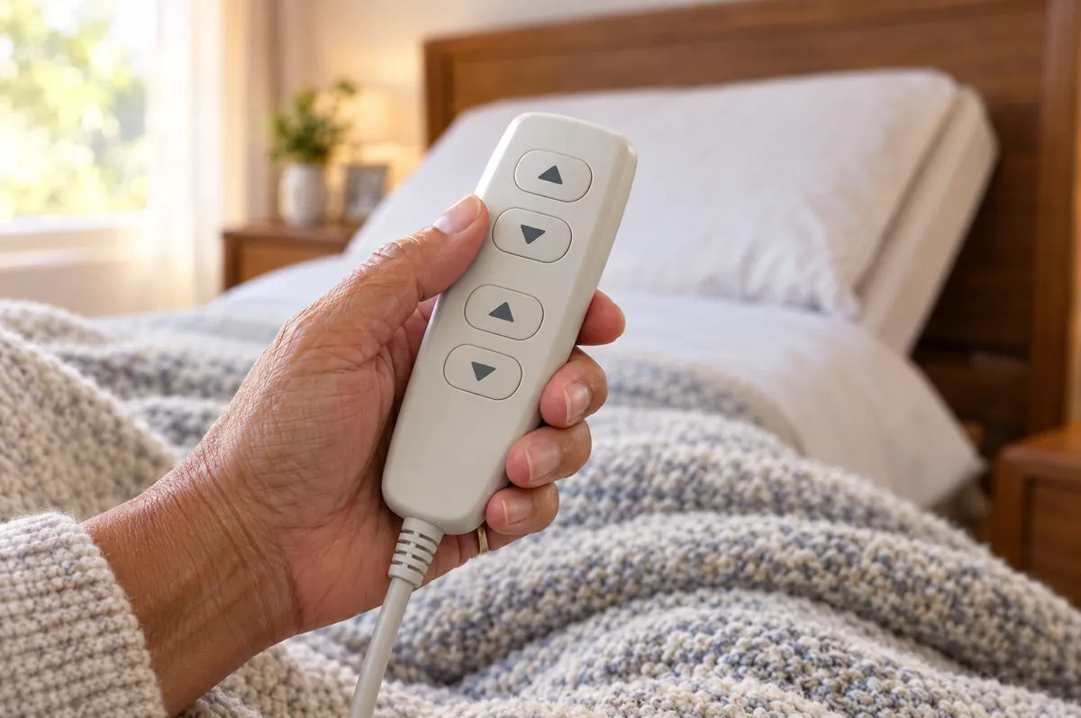 Older woman's hand holding a corded hand pendant remote with up and down arrow buttons for an electric home hospital bed