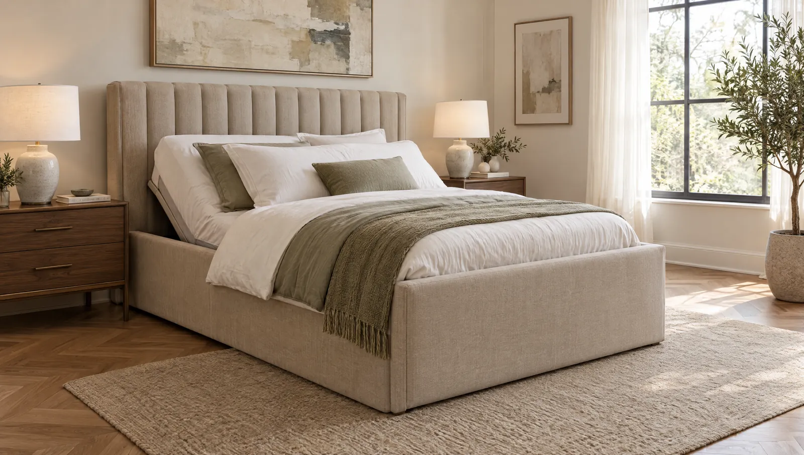 Furniture-style adjustable bed with a tufted linen upholstered headboard and frame, head slightly raised, in a stylish modern bedroom