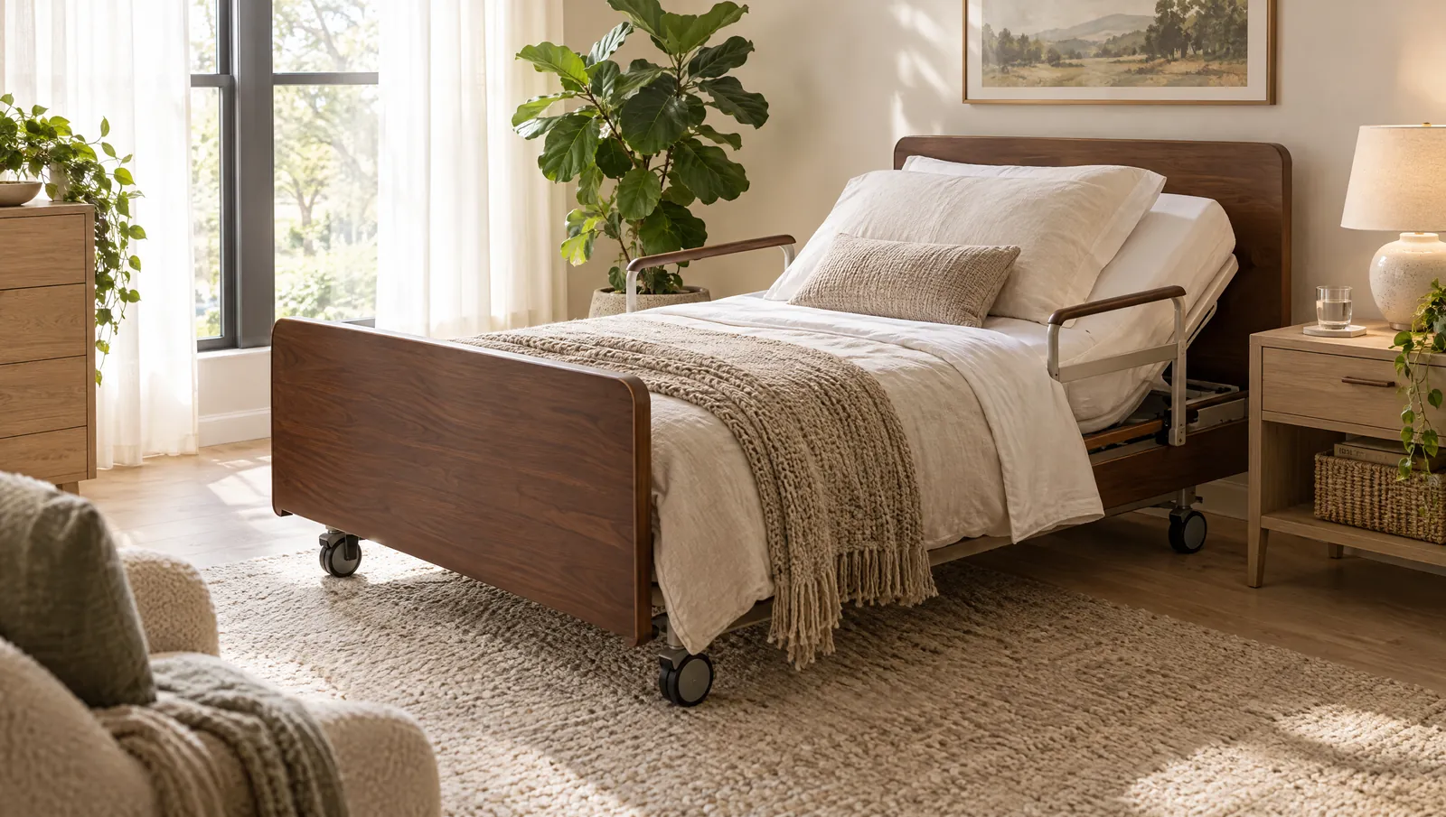 Adjustable home hospital bed with a walnut headboard, linen bedding and a knit throw in a warm, sunlit bedroom with a fiddle leaf fig