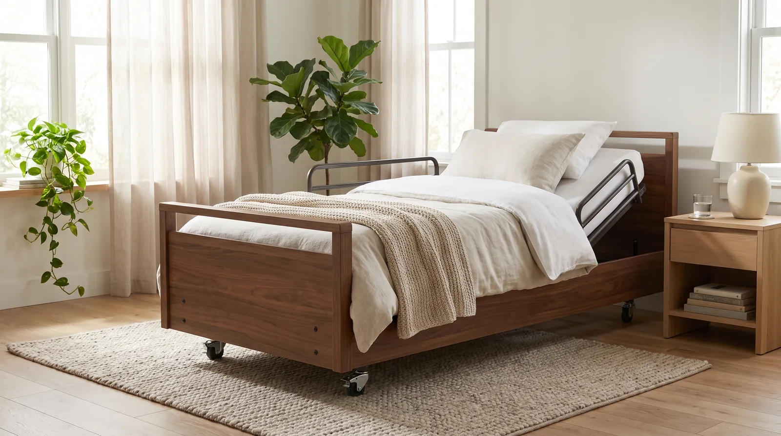Home hospital bed with a walnut wood headboard and footboard, raised head section and slim side rails, in a bright bedroom with plants and a sunny window
