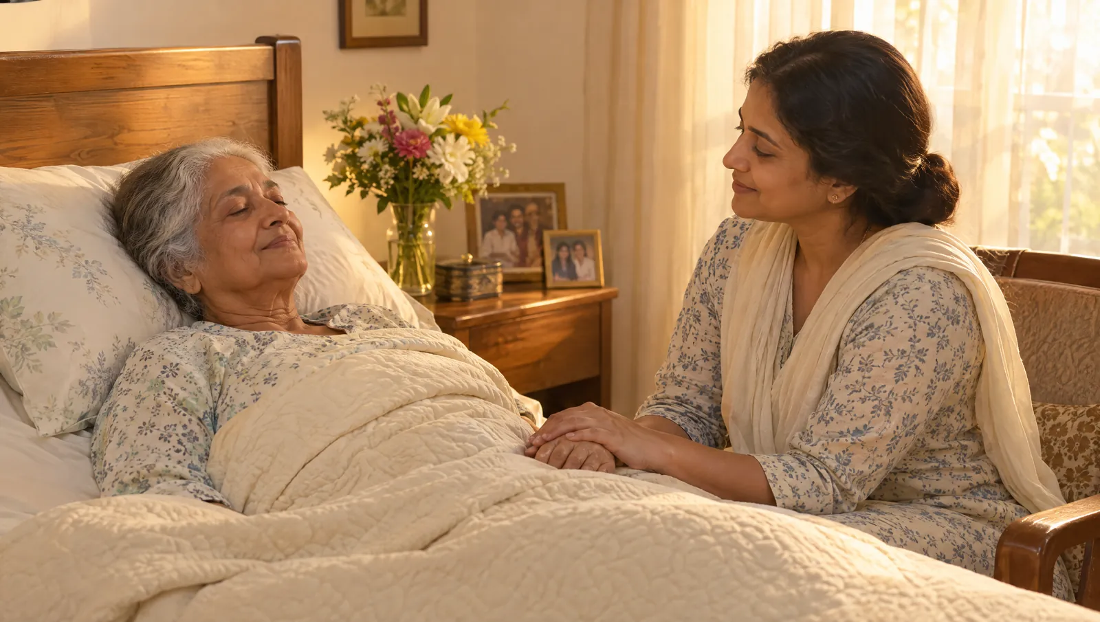 Adult daughter gently holding her elderly mother's hand as she rests peacefully in a home hospital bed in warm afternoon light