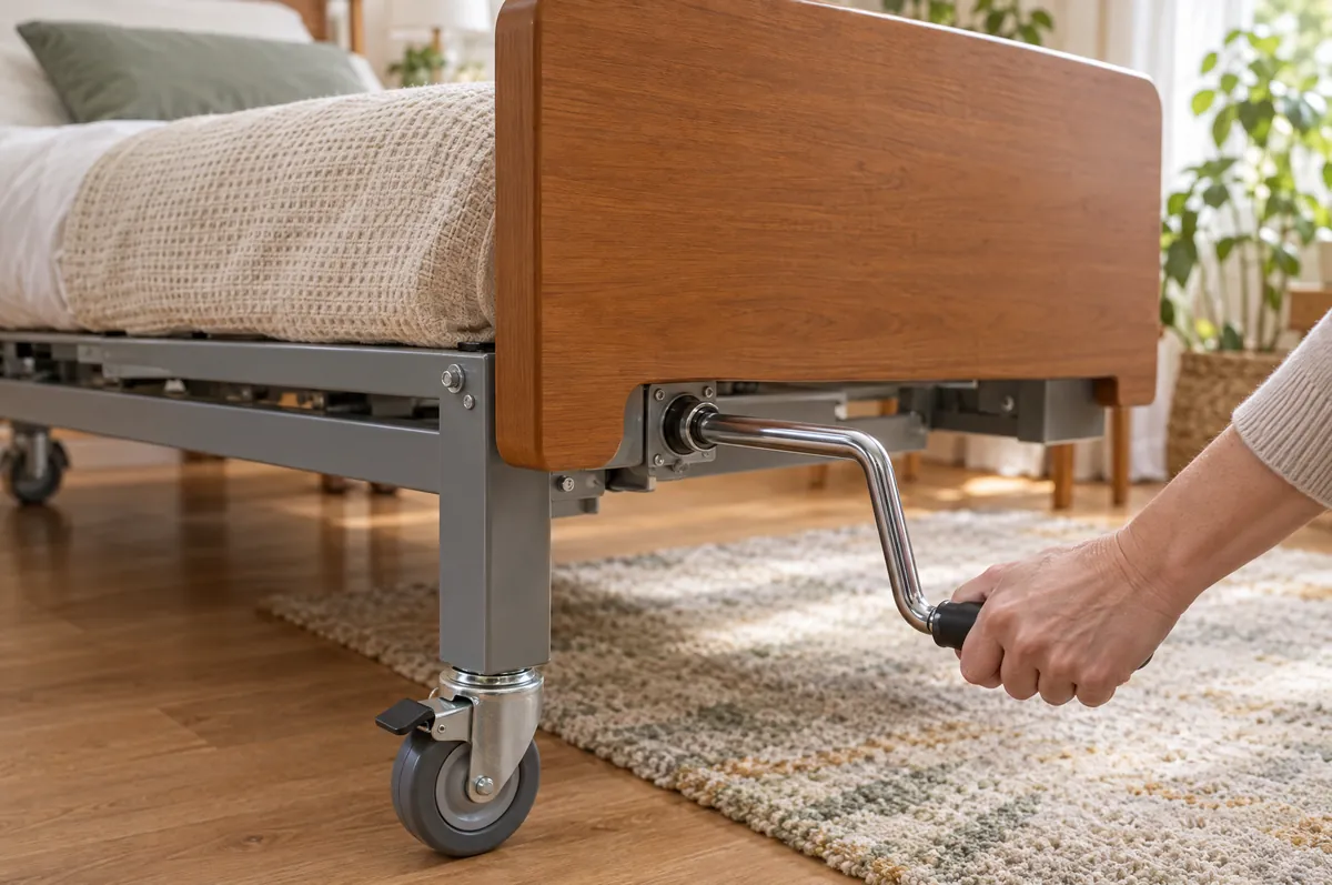 Hand turning the fold-out hand crank at the foot end of a manual home hospital bed with a wooden footboard and locking caster