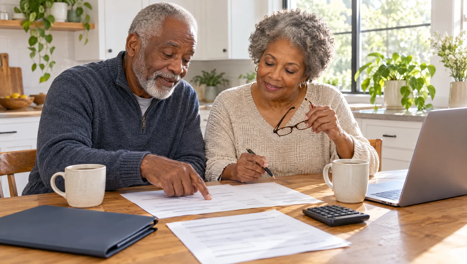 Older couple reviewing paperwork together at a sunlit kitchen table with coffee mugs, a calculator and a laptop
