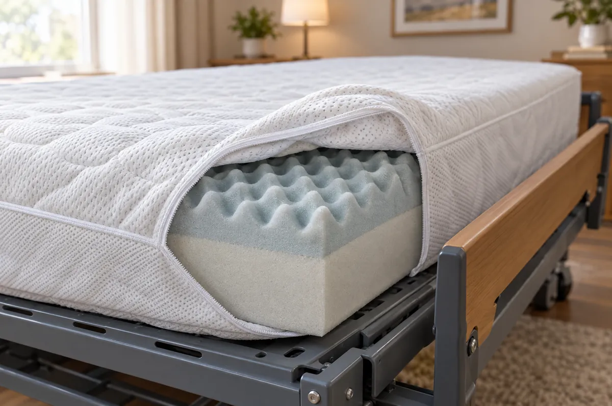 Pressure-relief mattress on a hospital bed frame with its quilted cover pulled back to show the convoluted foam layer