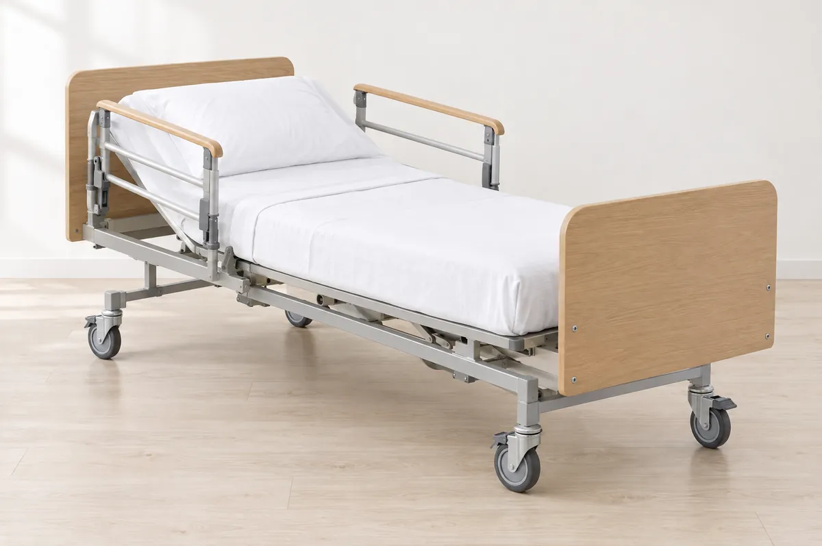 Home hospital bed with half-length side rails raised at the head end, oak headboard and footboard, and locking casters