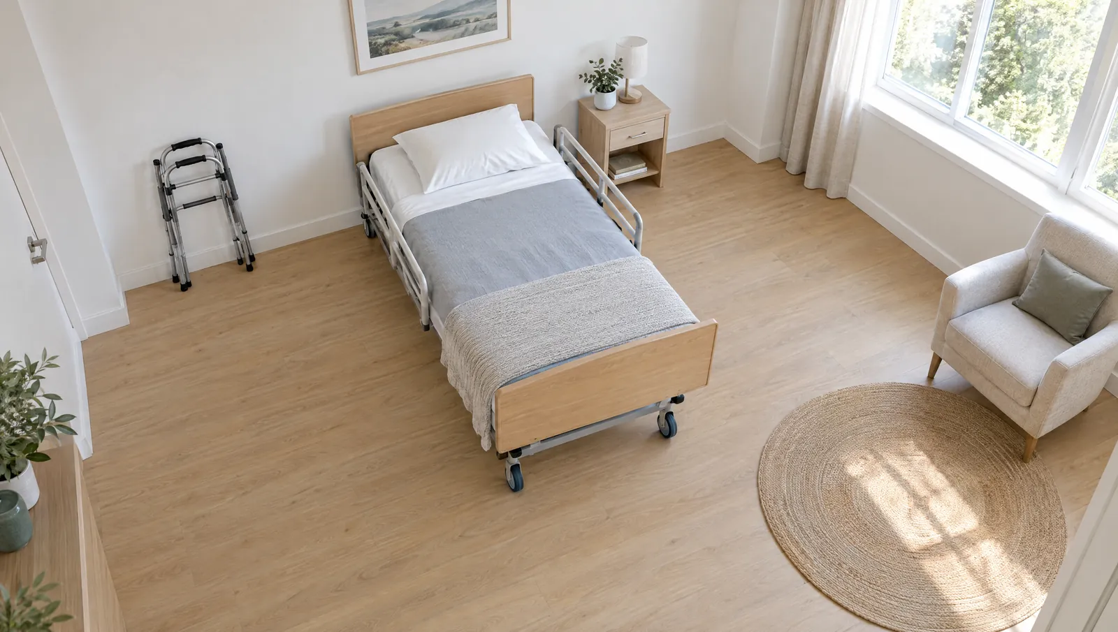 High-angle view of a home hospital bed in a bright bedroom with open floor space on both sides and at the foot, a walker parked by the wall